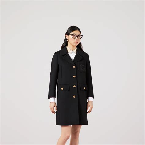 manteau gucci femme noir|Manteau en laine avec broderie Double G en noir .